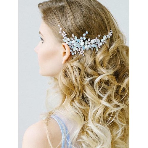 Kercisbeauty Wedding Blue Crystal Rhinestones Silver Headband for Brides Bridal Headpiece Prom Hair Accessories Rustic Wedding Updo Hair Dress for Women