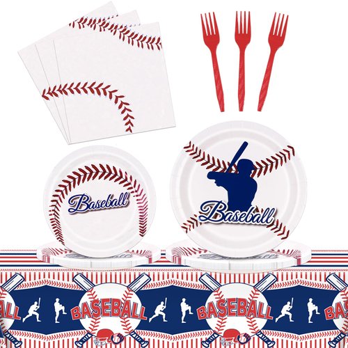 Baseball Party Decorations, Baseball Birthday Decorations Supplies Include Baseball Tablecloth Paper, Plates, Napkins, Forks, Baseball Party Supplies Dinnerware for Serve 24 Guests Kids Party Favors