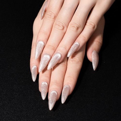 KKUUOO Handmade Press on Nails Stiletto Fake Nails Cat Eye False Nails with Glitter Designs White Acrylic Nails Full Cover Glossy Artificial Nails Jelly Press on Nails for Women Girls Stick on Nails
