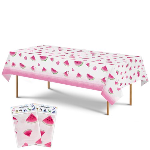 WERNNSAI Watermelon Party Tablecloth - 2 Pack 54" x 108" Rose Red Watermelon Party Supplies for Girls Birthday Baby Shower Wedding Watermelon Heart Pattern Disposable Plastic Table Cover