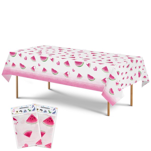 WERNNSAI Watermelon Party Tablecloth - 2 Pack 54" x 108" Rose Red Watermelon Party Supplies for Girls Birthday Baby Shower Wedding Watermelon Heart Pattern Disposable Plastic Table Cover