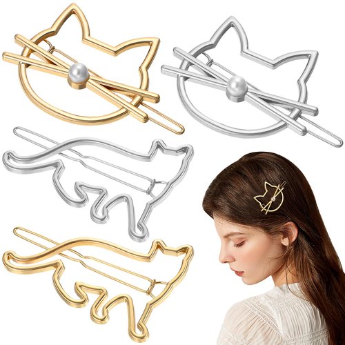 FRCOLOR Cat Hair Clip, 4 Pieces Metal Novelty Pearl Cat Shaped Hair Clips Cute Small Cat Barrettes Hairpins for Women Girls