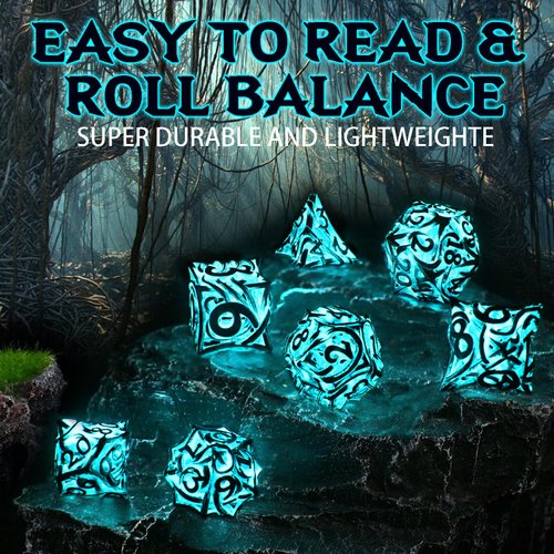 FONVGOGO Glow in The Dark DND Dice Metal Dungeons and Dragon Dice of 7 Polyhedral Dice Set Hollow Metal Vine D&D Dice D and D RPG Dice for Role Playing Game (Vine Glow Blue)