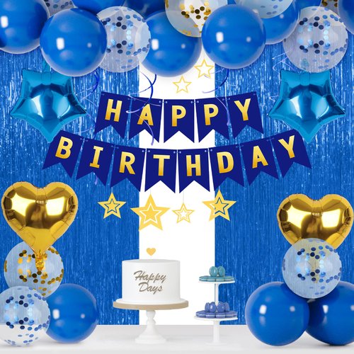 LovesTown Birthday Party Decorations, Happy Birthday Banner Dark Blue Gold Confetti Balloons Hanging Swirls Fringe Curtain for Girls Women Birthday Party