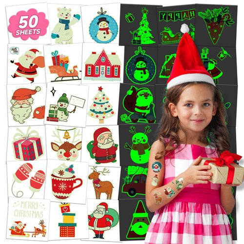 EMOME Individually Wrapped Glow Christmas Temporary Tattoos for Kids Stocking Stuffers, Luminous tattoo stickers for Party Decorations Favors Supplies, Christmas Tattoos for Party Games (50 PCS)
