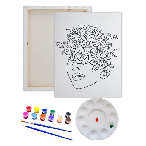 Essenburg Pre Drawn Canvas Side Flower Lady Paint Kit | Adult & Teen Sip and Paint Party Favor | DIY Date Night Couple Activity (S 8X10 & 12 COLORS OF PAINT)