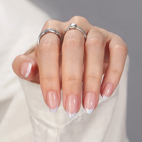 BTArtbox French Tip Press On Nails - White Press On Nails Almond, Short Fake Nails with Nail Glue, Fit Perfectly & Natural Reusable Stick on Nails in 16 Sizes, Mermaid