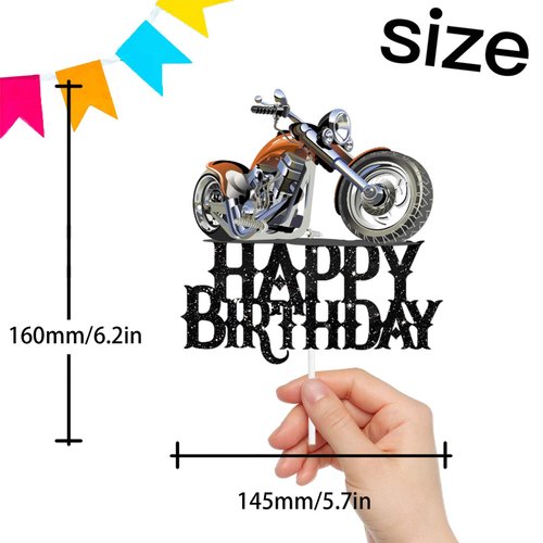 Happy Birthday Cake Topper Motorbike Theme Kids Party Decor Picks for Motorcycle Rider Racing Decorations Supplies Black