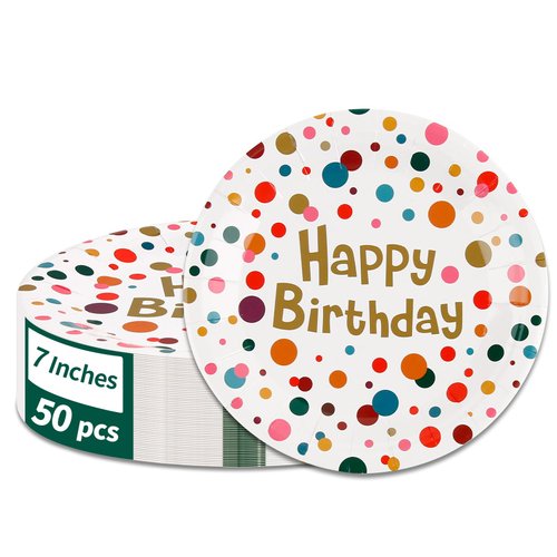 YTYOTO Happy Birthday Party Plates, 7inches-50Pcs, Birthday Party Paper Plates, Perfect for Celebrations, Birthday Party Decorations
