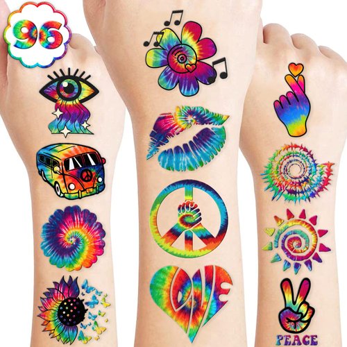 Tie Dye Temporary Tattoos for Kids - Colorful Designs, 96 PCS - Perfect for Themed Birthday Party Supplies Decorations Favors Decor and Creative Activities - Fun Stickers Gifts for Girls Boys Rewards