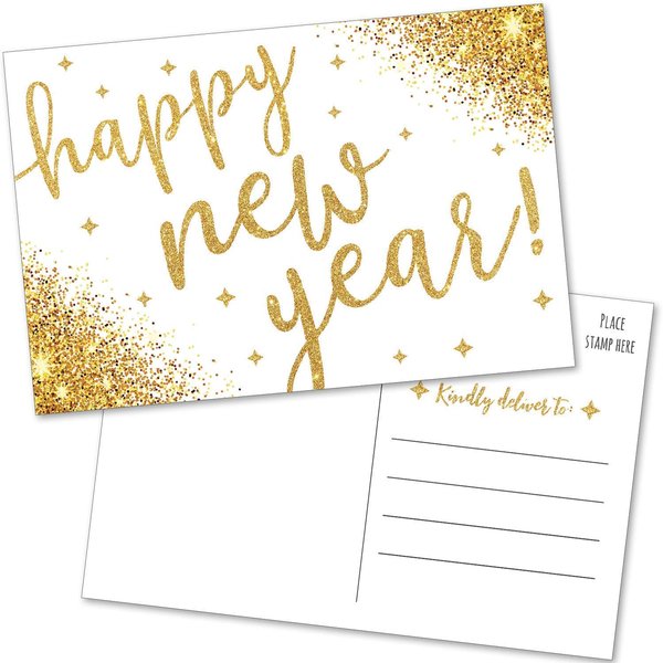 T MARIE 50 Happy New Year Postcards - Faux Gold Confetti Post Cards Set for New Year’s Day 2024-2025 Bulk Thank You Notes for Family, Business, Clients, New Years Eve Party Invitations and More