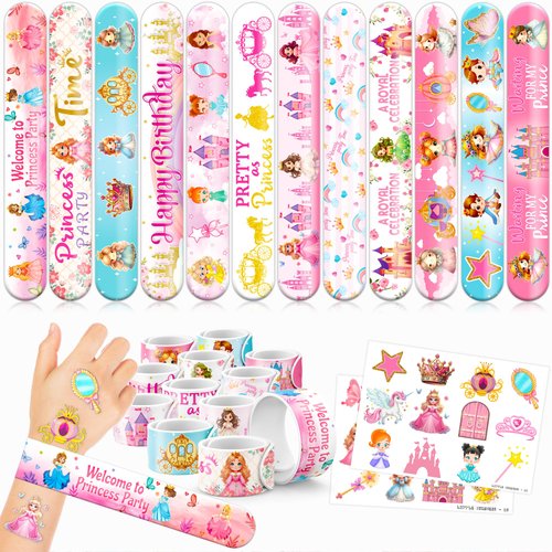 48 Little Princess 24PCS Little Princess Temporary Tattoos Sticker 24PCS Slap Bracelets Perfect for Themed Birthday Party Favors Baby Showers or Classroom Rewards Ideal Decor and Gifts