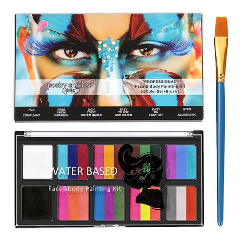 10 Colors Face Paint Body Painting Palette, Professional Face Paint Makeup Split Palette, Water Activated Face Paint, Non-Toxic Rainbow Face Painting Kit Professional with 1 Brushes for Kids Adults