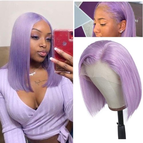 16 Inch Lilac Bob Wigs Silky Straight Glueless 13x1x6 Swiss Lace T Part Bob Wigs Virgin Human Hair Invisible Lace Bleached Knots with Baby Hair Purple Bob Pre Plucked for Women(Could be Restyled)