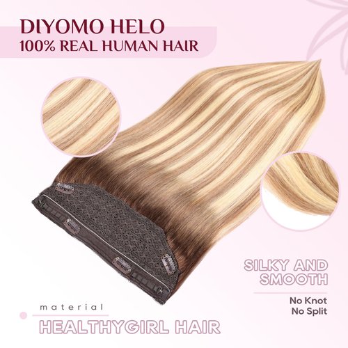 DIYOMO Halo Hair Extensions - Dark Brown to Gold Blonde and Bleach Blonde Halo Hair Extensions Real Human Hair Adjustable Size Removable Secure，Halo Extensions Real Human Hair, 3/8/22 80g 18Inch