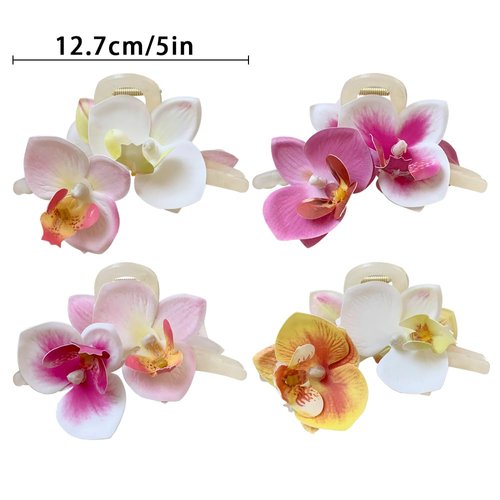 4Pcs Phalaenopsis Butterfly Orchid Hair Accessories - Pink Hawaiian Moth Flower Clips, French Floral Hair Barrettes for Women, Summer Claw Clips
