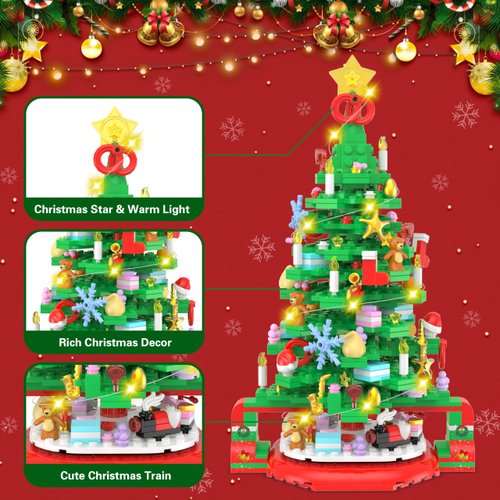 Christmas Tree Building Blocks, Toy Building Sets with LED Light, Compatible with Lego Christmas Tree Building Bricks with Christmas Train, Stocking, Snowflake, Xmas Gifts for Kids Adults Teens