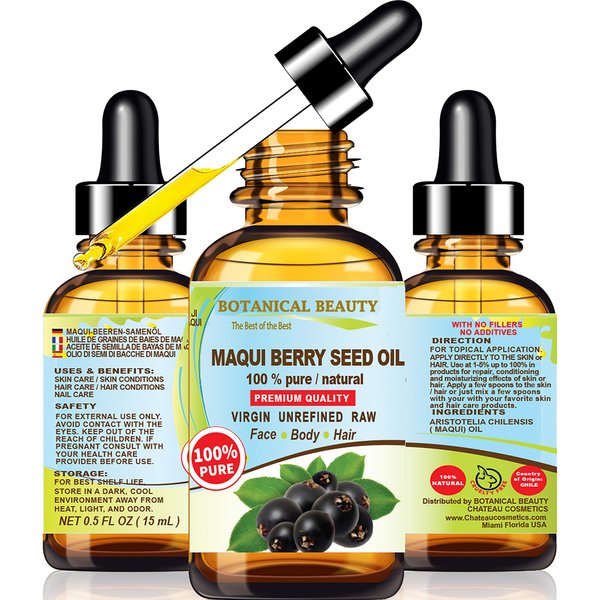 Botanical Beauty MAQUI BERRY SEED OIL 100% Pure Natural VIRGIN UNREFINED Cold-Pressed Carrier Oil for Face, Skin, Body, Hair, Lip, Nails. Rich in Vitamin E, Vitamin C (0.5 Fl Oz)