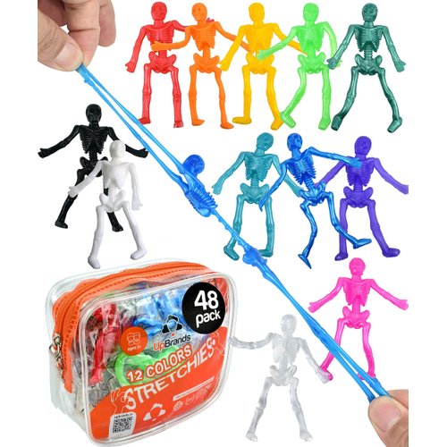 UpBrands 48 Stretchy Toys, Party Favors for Kids Halloween Skeletons, 12 Colors Bulk Set, Kit for Easter Egg Basket Stuffers, Goodie Bags, Pinata Filler, Small Toys Classroom Prizes