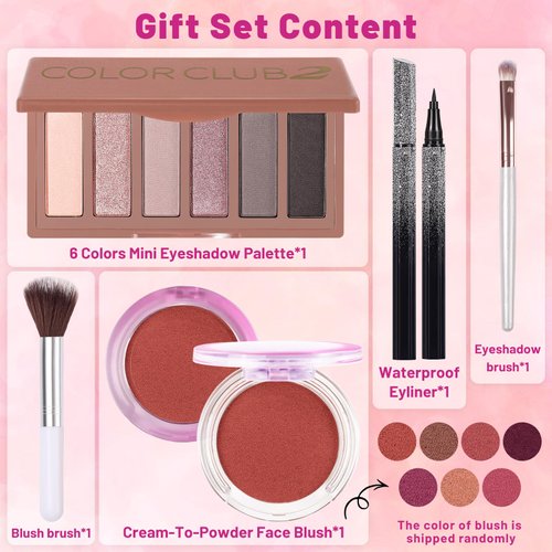 Makeup Kit for Women Full Kit All In One Make up Gift Set for Teens Girls Including 6 Colors Mini Naked Eyeshadow Palette, Cream-To-Powder Matte Face Blush, Waterproof Eyeliner, 2PCS Brushes 02