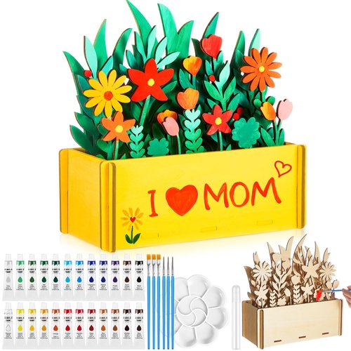 Juexica Gifts for Moms Christmas Craft Gifts for Kids Mother's Day Flowers Crafts for Kids Wooden Flowers for Crafts Wood Crafts to Paint 3D Layered Flower Pot DIY Art Supplies Painting Kit