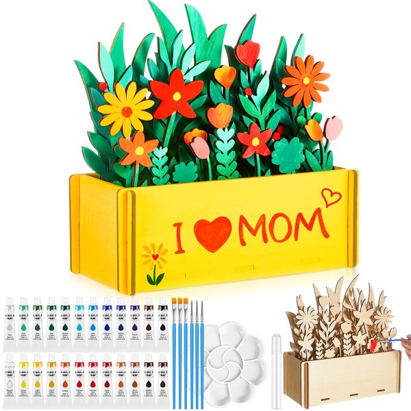 Juexica Gifts for Moms Christmas Craft Gifts for Kids Mother's Day Flowers Crafts for Kids Wooden Flowers for Crafts Wood Crafts to Paint 3D Layered Flower Pot DIY Art Supplies Painting Kit