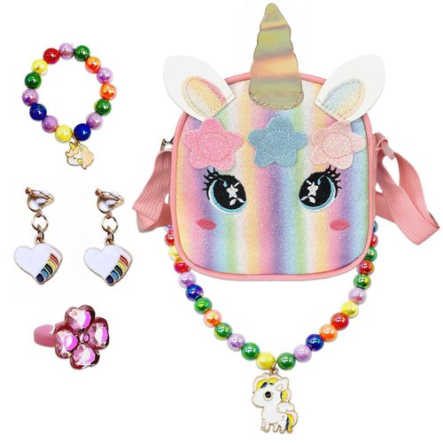 AquaArcc Unicorn Bag Gifts for Girls Age 1 2 3 4 5, Toddler Girl Cute Unicorn Purse with Jewelry Sets, Unicorn Crossbody Bag Make Up Accessories for 3-5 Year Old Girls Chrismas Gifts Birthday Party