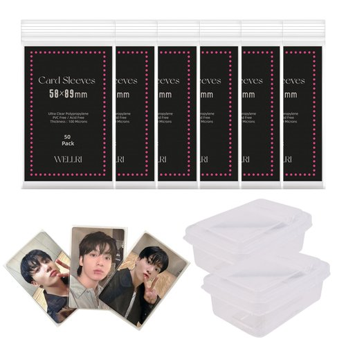 WELLRI Kpop Photocard Sleeves with Storage Case 300 Pcs Clear Card Sleeves 58 x 89mm Standard Idol Album Photocard Holder Trading Card Protector (300 PCS & 2 Boxes)