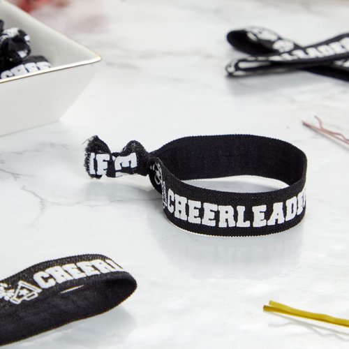 50 Pack Black Cheer Bracelets for Girls, Ponytail Holder for Cheerleader Gifts, Pom Pom Design (4 In)