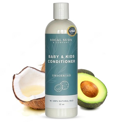 SoCal Suds & Company - Organic Baby & Kids Conditioner - Moisture Baby Hair Conditioner - Gentle Natural Vitamin Rich Ingredient Organic Oils for Babies and Kids Sensitive Scalp - Unscented, 12oz