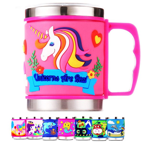 F-32 12 Oz Kids Stainless Steel Unicorn Pink 3D Mug with 2 Pack Slider Closure Lids - Eco-Friendly - BPA Free Signature Collection (Unicorn Pink)