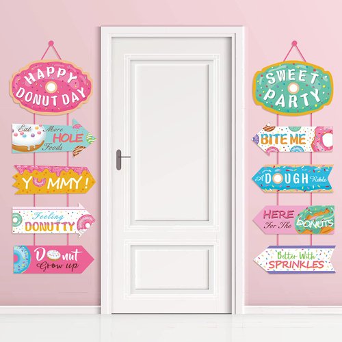 Donut Party Supplies Hanging Porch Sign Banner - Donut Food Theme Party/Tea/Doughnut Baby Shower/Birthday Party Decorations Favors Paper Door Garland