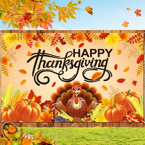 Happy Thanksgiving Backdrop Banner, 6X4FT Fall Backdrops for Photography Turkey Pumpkin Maple Leaves for Fall Party Decorations, Thanksgiving Party Decorations for Home Outside Office Porch Decor