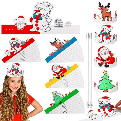 Zeyune 36 Pcs Christmas Headband Craft Paper Crowns Color Your Own Crowns with Elastic Cord Christmas Tree Santa Reindeer Snowmen Holiday Headbands for Party Classes Game Birthday Stocking Fillers
