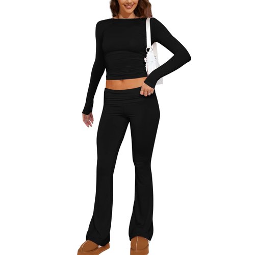 MISSACTIVER Women's Two Piece Outfit Basic Long Sleeve Crop Top and Low Rise Flare Pants Set Lounge 2 Piece Yoga Tracksuit (Black, Small)