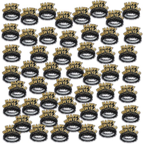 Beistle 50 Piece Happy New Year Headband Tiaras NYE Party Favors Photo Booth Props, One Size, Black/Gold