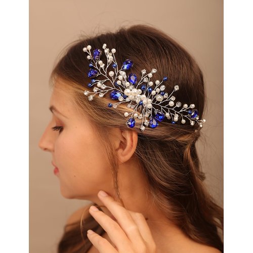 Teyglen Blue Crystal Bride Wedding Hair Comb Handmade Pearl Rhinestone Hair Pieces Hair Accessories for Bride Bridal Side Hair Comb Headpieces for Women Girls
