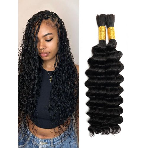 Human Braiding Hair 2 Bundles/Pack 100g 18 Inch Deep Wave Curly Bulk 100% Human Hair for Braiding No Weft 10A Brazilian Virgin Human Hair Extensions for Boho Braids Natural Black Wet and Wavy