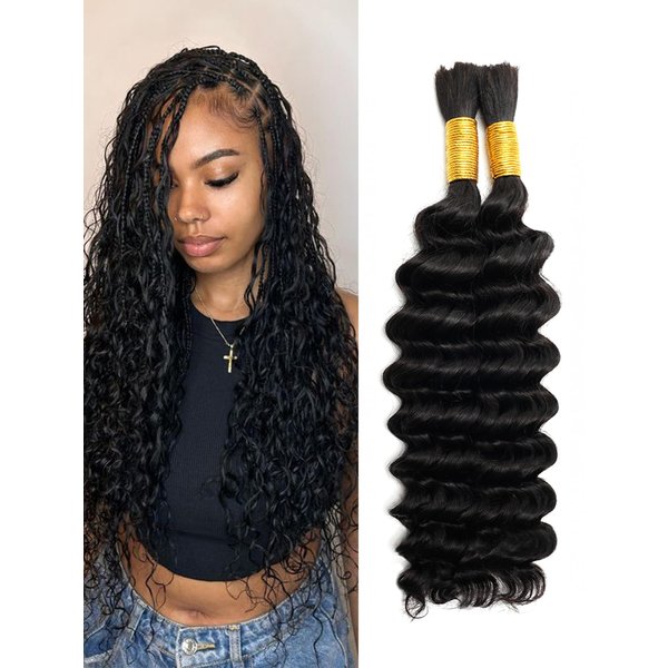Human Braiding Hair 2 Bundles/Pack 100g 18 Inch Deep Wave Curly Bulk 100% Human Hair for Braiding No Weft 10A Brazilian Virgin Human Hair Extensions for Boho Braids Natural Black Wet and Wavy