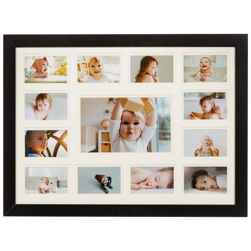 WOOD SIDE ORBIS 13 Opening Collage Picture Frame K-12 with Double White Mat - Displays One 4x6 and Twelve Wallet Size 2.5x3.5 - Wall Mounting, Landscape, Portrait - Black