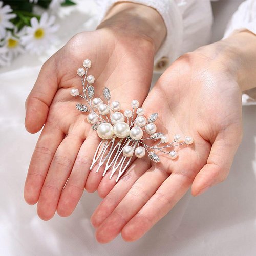 Unicra Bride Pearl Wedding Hair Comb Silver Bridal Side Comb Crystal Hair Accessorie for Women and Girls (Silver)