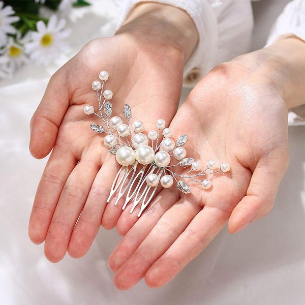 Unicra Bride Pearl Wedding Hair Comb Silver Bridal Side Comb Crystal Hair Accessorie for Women and Girls (Silver)