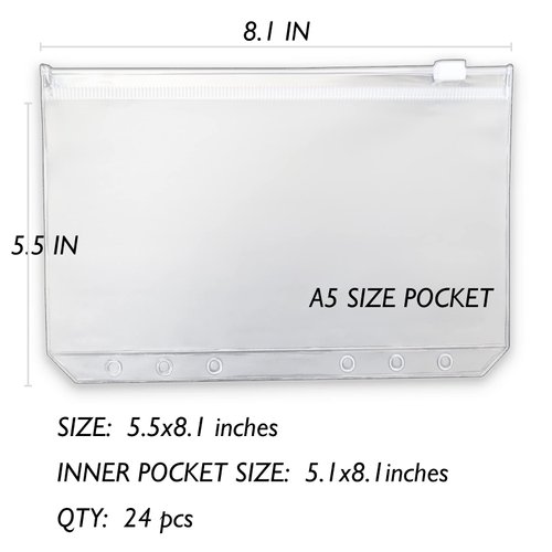 24PCS A5 Binder Pockets A5 Budget Envelopes with Zipper Binder Zipper Folders for A5 6-Ring Notebook Binder, Waterproof Cash Envelope Document Filing Bags