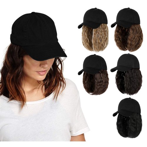 AynnQueen Baseball Cap with Hair Extensions for Women Adjustable Hat with Synthetic Wig Attached 8inch Kinky Curly Hair Black Baseball Cap (Light Chestnut Brown)