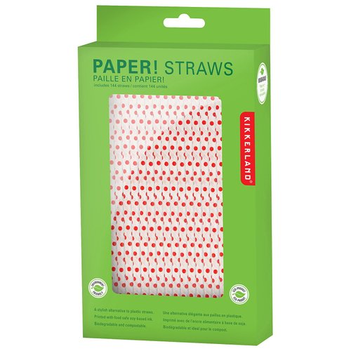 Kikkerland Biodegradable Paper Straws, Red Polka Dots, Box of 144, Red/White