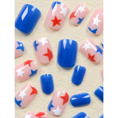 4th of july Extra Short Fake Nails Blue Square Press on Nails with Red White Stars Designs Gloss Acrylic Nails Petite Stick on Nails Small Press on Nails Independence Day Manicure Decorations