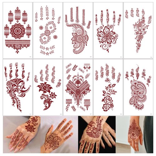 10 Sheets Brown Henna Tattoo Kit, Waterproof Henna Tattoo Stickers for Women Wedding Party Henna Tattoos (Henna Tattoo) 620