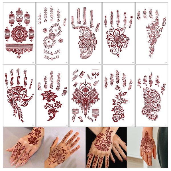 10 Sheets Brown Henna Tattoo Kit, Waterproof Henna Tattoo Stickers for Women Wedding Party Henna Tattoos (Henna Tattoo) 620