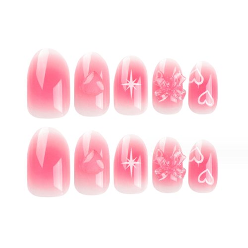 DANMANR Cute Fake Nails Short Press on Almond Nails Pink Full Cover Bow Acrylic Valentine's Day Fake Nails for Women and Girls 24PCS