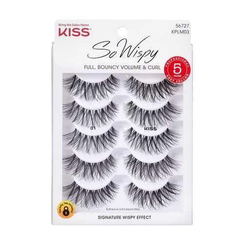 KISS So Wispy, False Eyelashes, 'Style #01', 14 mm, Includes 5 Pairs Of Lashes, Contact Lens Friendly, Easy to Apply, Reusable Strip Lashes, Multipack